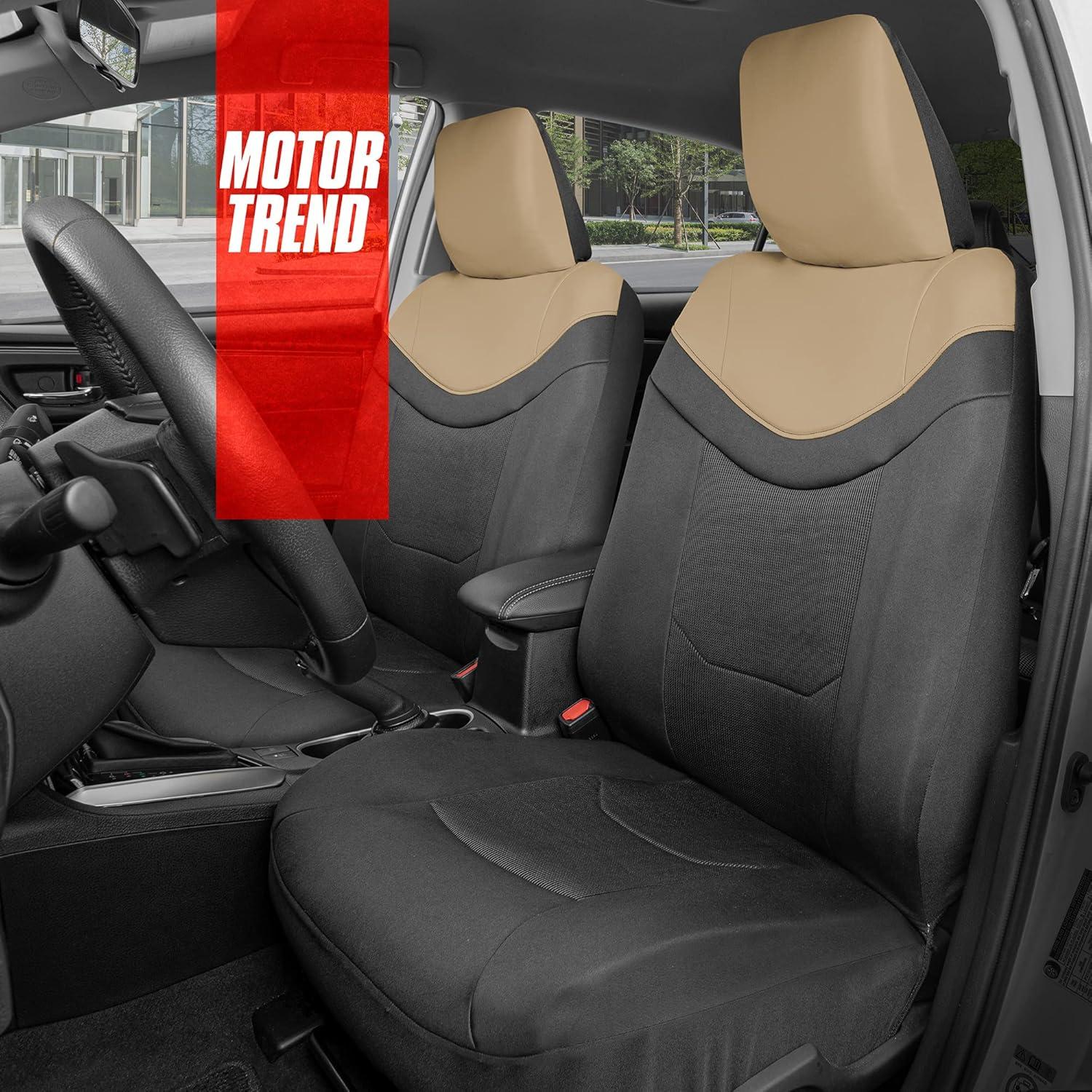 imageMotor Trend Premium LuxeSport Blue Car Seat Covers for Front Seats 2 Pack  Automotive Seat Protectors with Comfortable Mesh Back ampamp Faux Leather Headrest Interior Covers for Car Truck Van SUVBeige