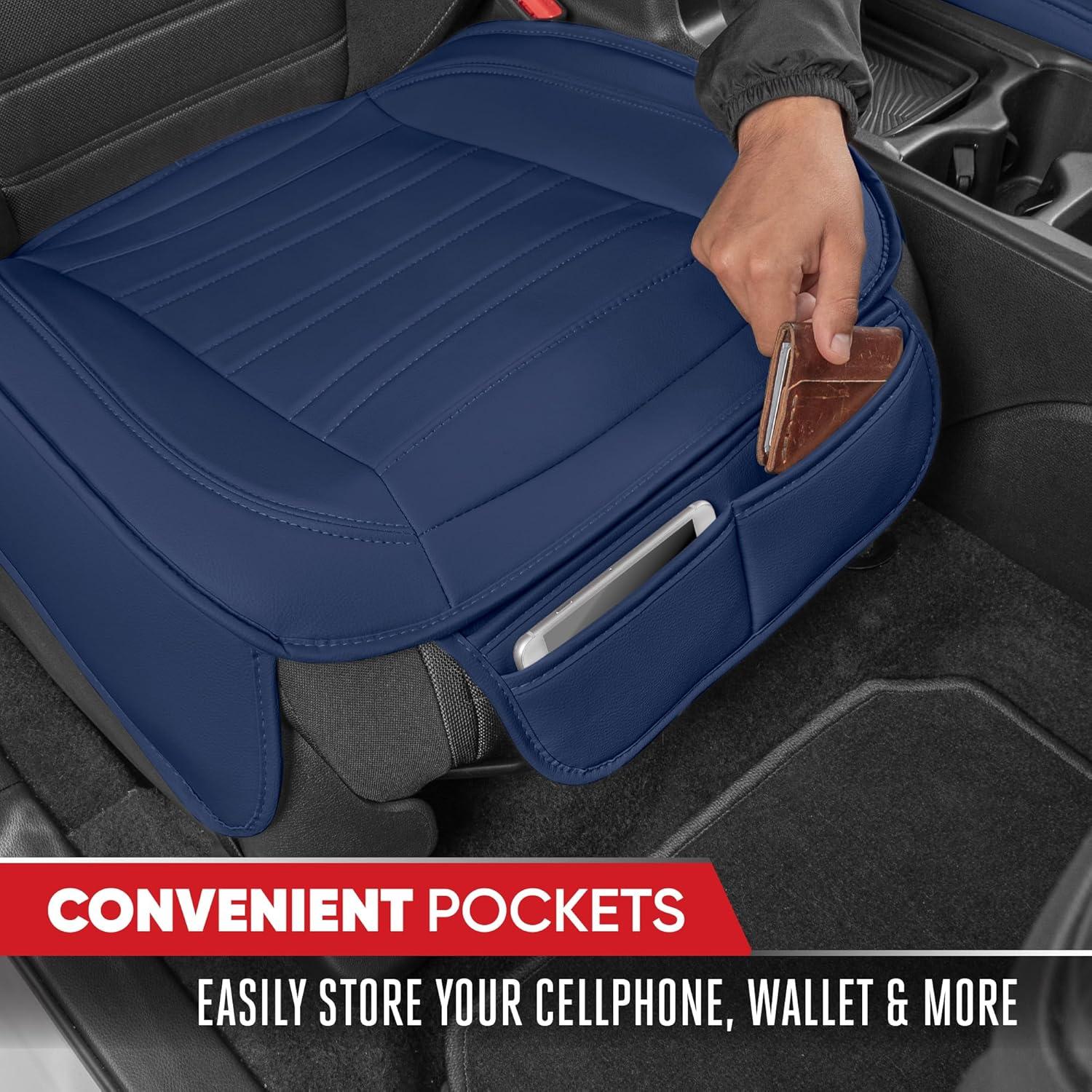 imageMotor Trend Seat Covers for Cars Trucks SUV Faux Leather 2Pack Blue Padded Car Seat Covers with Storage Pockets Premium Interior Car Seat CoverBlue