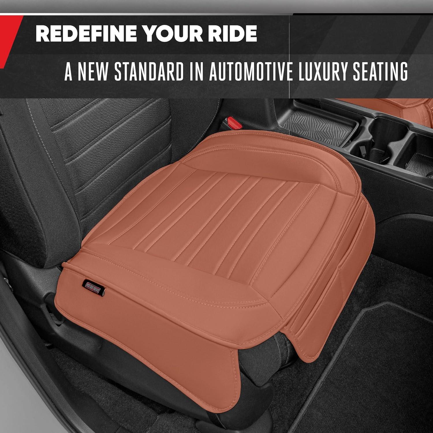 imageMotor Trend Seat Covers for Cars Trucks SUV Faux Leather 2Pack Blue Padded Car Seat Covers with Storage Pockets Premium Interior Car Seat CoverBrown