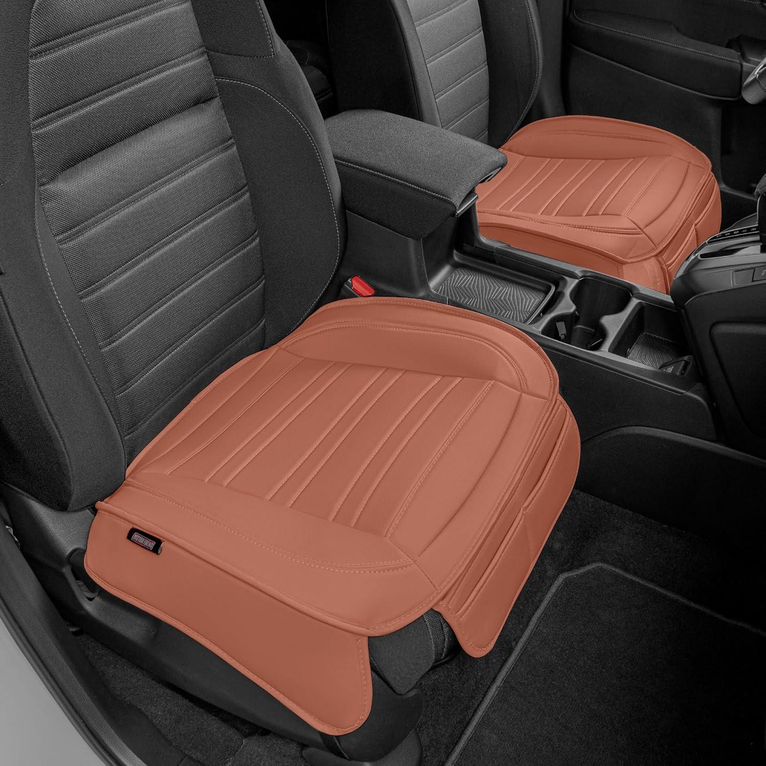 imageMotor Trend Seat Covers for Cars Trucks SUV Faux Leather 2Pack Blue Padded Car Seat Covers with Storage Pockets Premium Interior Car Seat CoverBrown