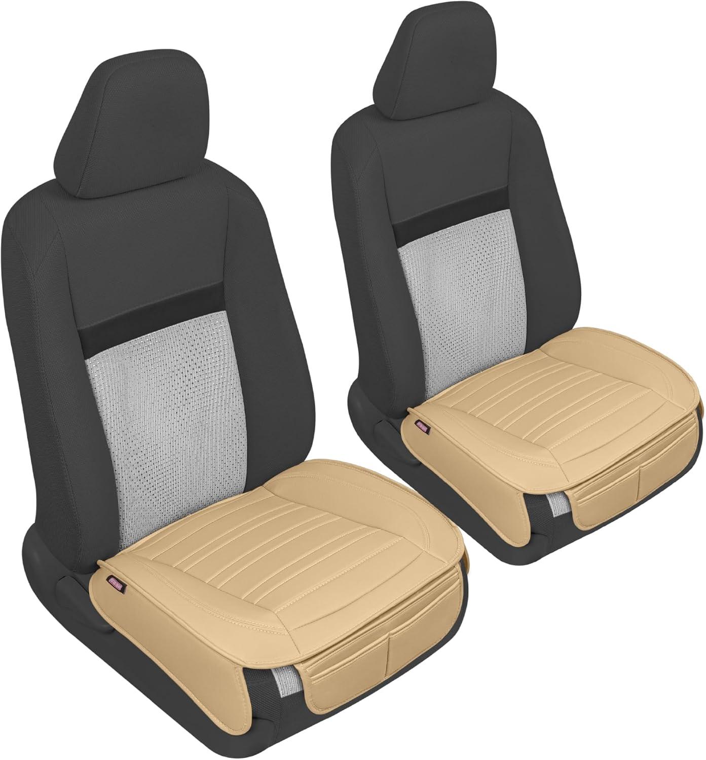 imageMotor Trend Seat Covers for Cars Trucks SUV Faux Leather 2Pack Blue Padded Car Seat Covers with Storage Pockets Premium Interior Car Seat CoverTan Beige