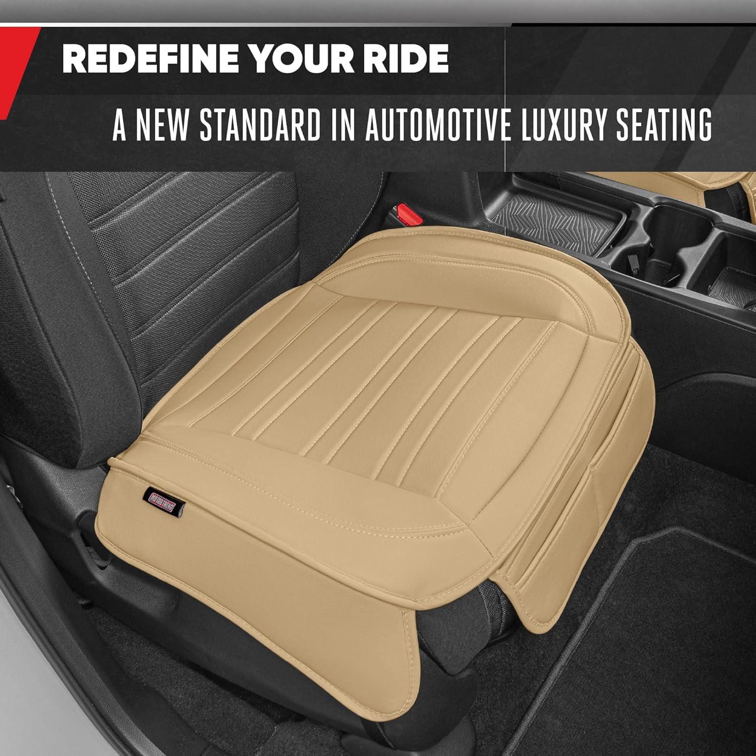 imageMotor Trend Seat Covers for Cars Trucks SUV Faux Leather 2Pack Blue Padded Car Seat Covers with Storage Pockets Premium Interior Car Seat CoverTan Beige