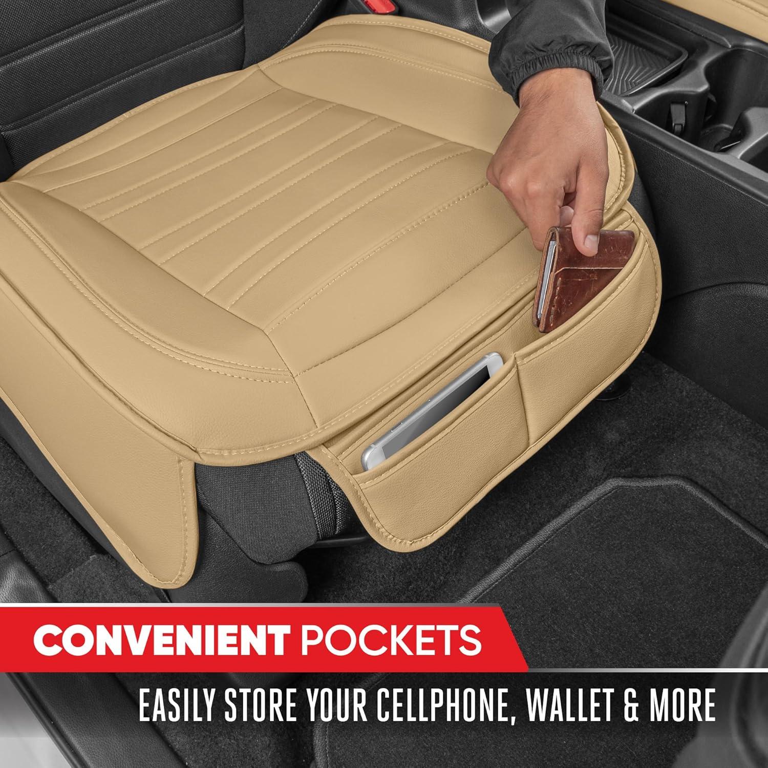 imageMotor Trend Seat Covers for Cars Trucks SUV Faux Leather 2Pack Blue Padded Car Seat Covers with Storage Pockets Premium Interior Car Seat CoverTan Beige