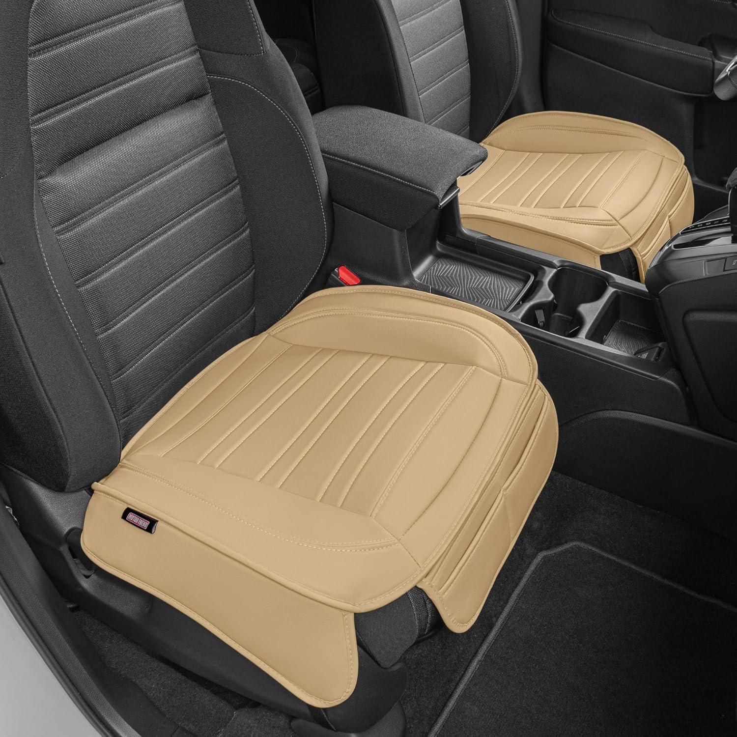 imageMotor Trend Seat Covers for Cars Trucks SUV Faux Leather 2Pack Blue Padded Car Seat Covers with Storage Pockets Premium Interior Car Seat CoverTan Beige
