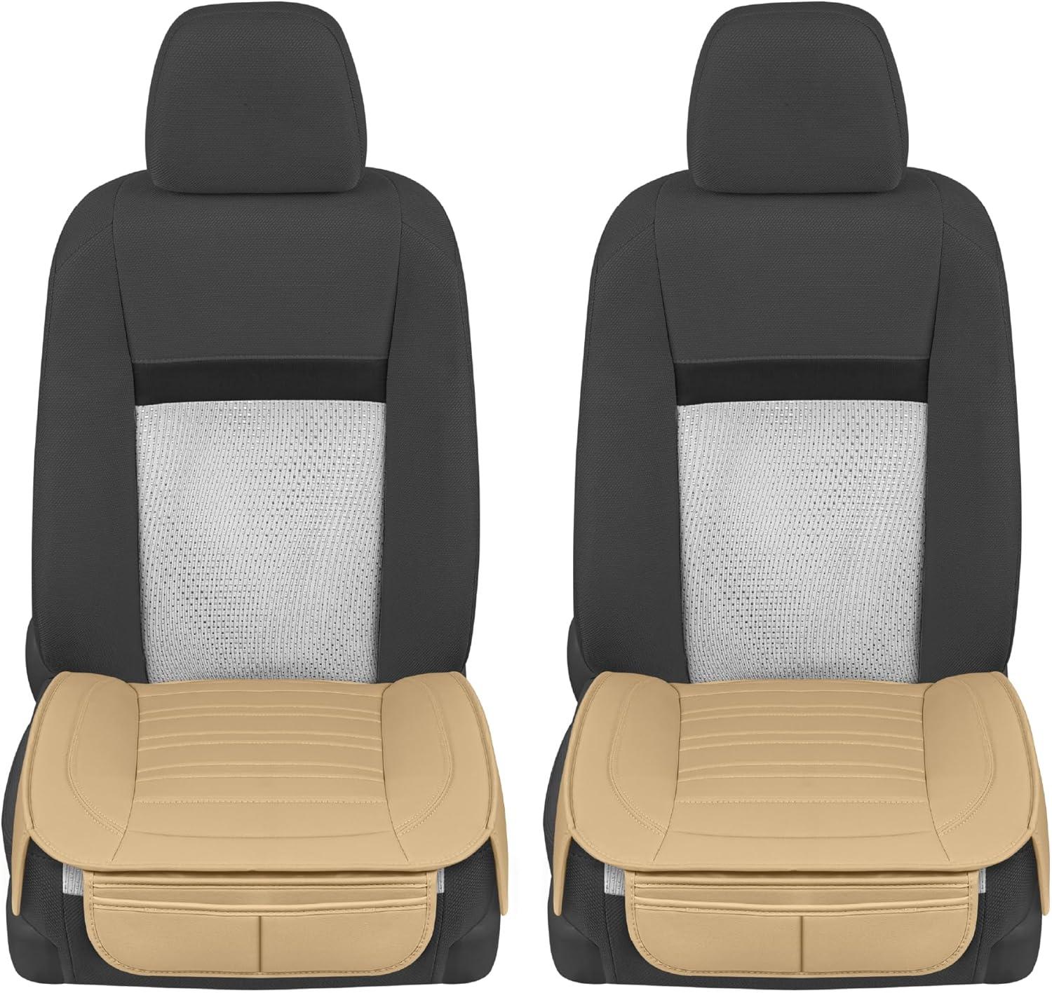 imageMotor Trend Seat Covers for Cars Trucks SUV Faux Leather 2Pack Blue Padded Car Seat Covers with Storage Pockets Premium Interior Car Seat CoverTan Beige