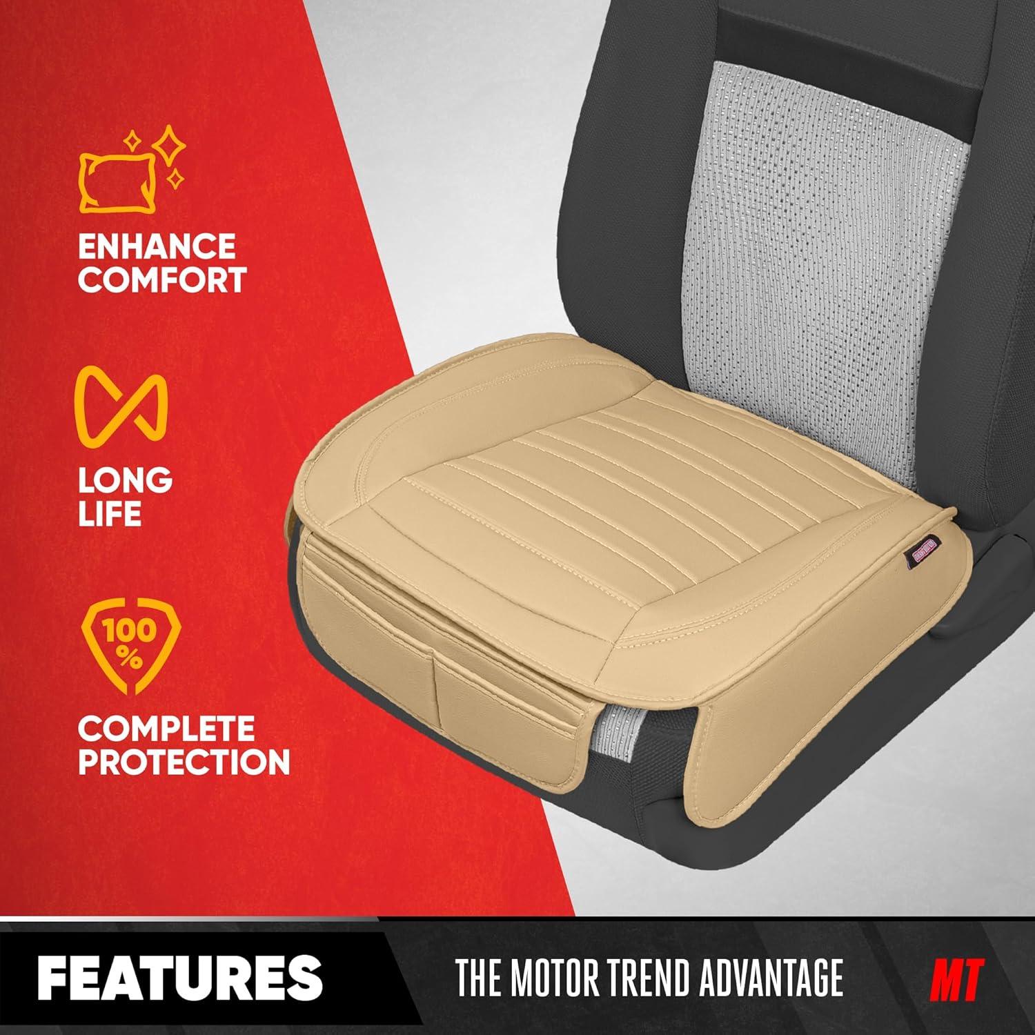 imageMotor Trend Seat Covers for Cars Trucks SUV Faux Leather 2Pack Blue Padded Car Seat Covers with Storage Pockets Premium Interior Car Seat CoverTan Beige