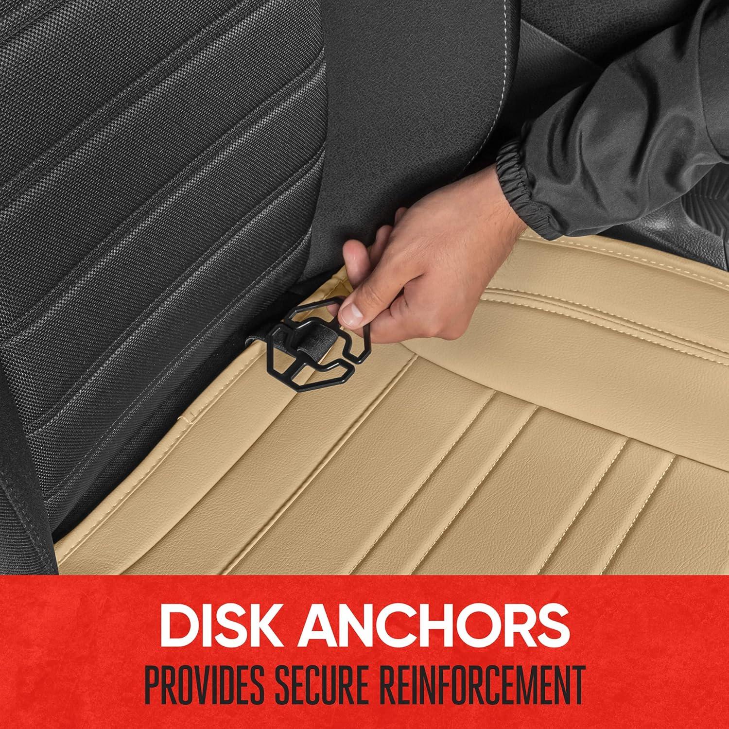 imageMotor Trend Seat Covers for Cars Trucks SUV Faux Leather Full Set Black Padded Car Seat Covers with Storage Pockets Premium Interior Car Seat CoverTan Beige