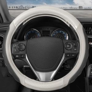 imageMotor Trend GripDrive Carbon Fiber Steering Wheel Cover NonSlip Sporty Racing Faux Leather Ergonomic Comfortable Handle Steering Wheel Cover for Cars Trucks Vans SUV  Fits Standard 15 Inch  BeigeWhite UltraSport