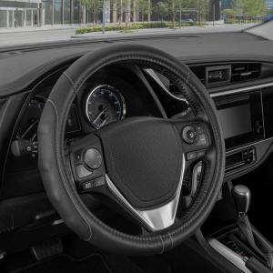 imageMotor Trend GripDrive Faux Black Leather Steering Wheel Cover for Car Truck Van SUV Small 14 inch Size Solid Black Stitched Car Steering Wheel Cover Vehicle ampamp Auto AccessoriesBlack  Gray Accent Stitching