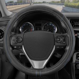 imageMotor Trend GripDrive Faux Black Leather Steering Wheel Cover for Car Truck Van SUV Small 14 inch Size Solid Black Stitched Car Steering Wheel Cover Vehicle ampamp Auto AccessoriesBlack  Blue Accent Stitching
