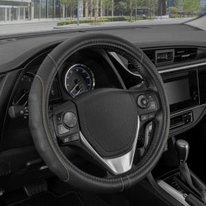 imageMotor Trend GripDrive Faux Black Leather Steering Wheel Cover for Car Truck Van SUV Small 14 inch Size Solid Black Stitched Car Steering Wheel Cover Vehicle ampamp Auto AccessoriesBlack  Beige Accent Stitching