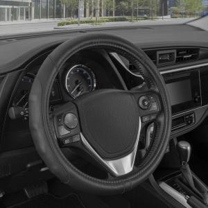 imageMotor Trend GripDrive Faux Black Leather Steering Wheel Cover for Car Truck Van SUV Small 14 inch Size Solid Black Stitched Car Steering Wheel Cover Vehicle ampamp Auto AccessoriesBlack  Black Accent Stitching
