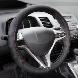 imageMotor Trend GripDrive Faux Black Leather Steering Wheel Cover for Car Truck Van SUV Small 14 inch Size Solid Black Stitched Car Steering Wheel Cover Vehicle ampamp Auto AccessoriesBlack  Red Accent Stitching