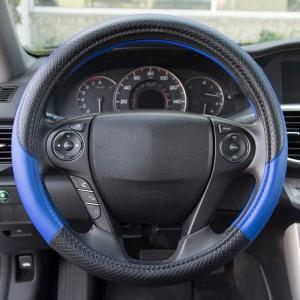 imageMotor Trend Blue Synthetic Leather Steering Wheel CoverCross Diamond StitchingTwo Tone Sport Grip Blue AccentBlack 15 inchBlue Accent  Black